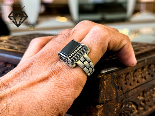 Pure 92.5 Italian Silver Black Aqeeq Ring