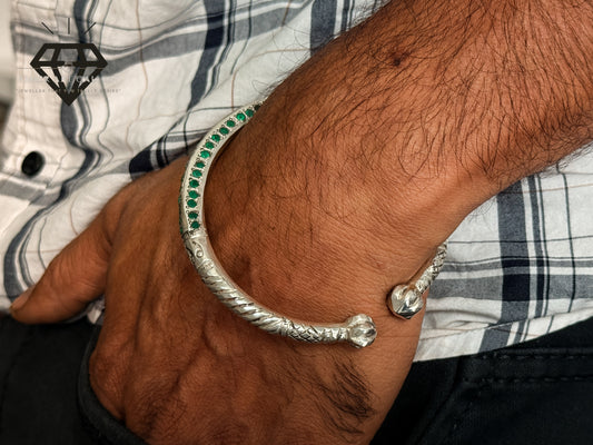 Pure 92.5 Italian Silver Kada with 100% Original Green Aqeeq in Turkish Design