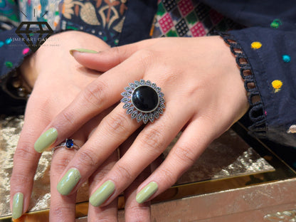 Pure 92.5 Italian Silver Marcasite Stone+Black Aqeeq Stone Ladies Ring