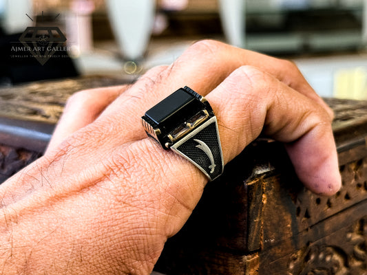 Pure 92.5 Italian Silver Black Aqeeq Ring