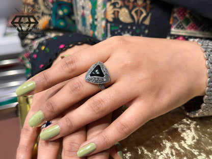 Pure 92.5 Italian Silver Marcasite Stone+Black Aqeeq Stone Ladies Ring