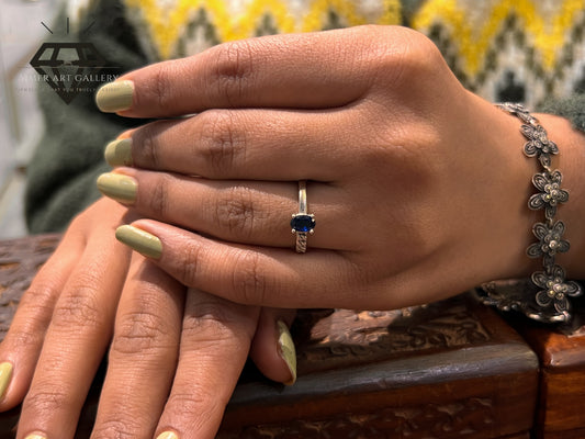 Pure 92.5 Italian Silver Blue Stone Ladies Ring Premium Design Ring