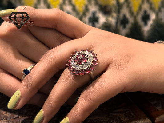 Beautiful pure 92.5 Italian Silver Ladies Ring with pink Color Stone Flower Design Ring