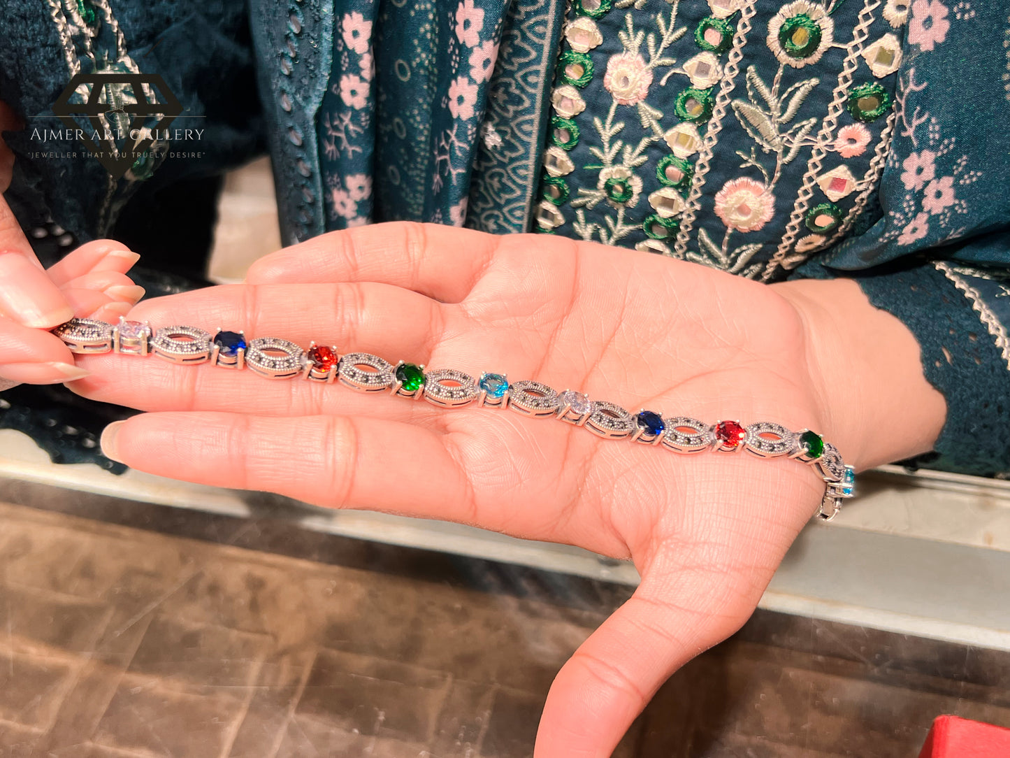 Pure 92.5 Italian Silver Ladies Marcasite+ Stones Bracelet