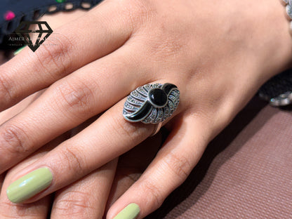 Pure 92.5 Italian Silver Marcasite Stone+Black Aqeeq Stone Ladies Ring