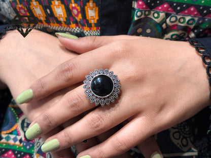 Pure 92.5 Italian Silver Marcasite Stone+Black Aqeeq Stone Ladies Ring