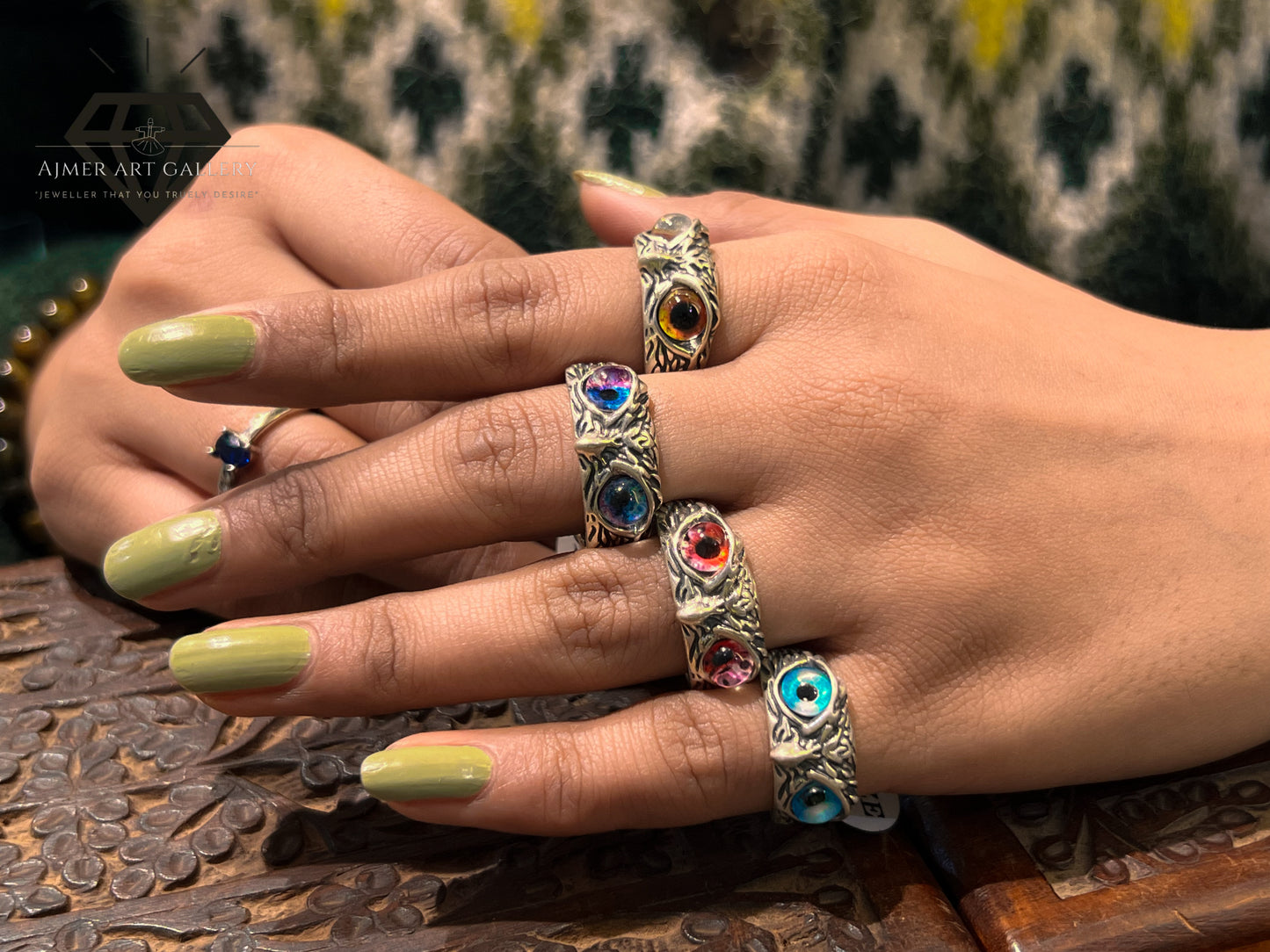 Pure 92.5 Italian Silver Owl Ring ladies Ring with Colour  ( Golden  Blue,Red,SkyBlue)