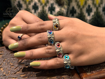 Pure 92.5 Italian Silver Owl Ring ladies Ring with Colour  ( Golden  Blue,Red,SkyBlue)