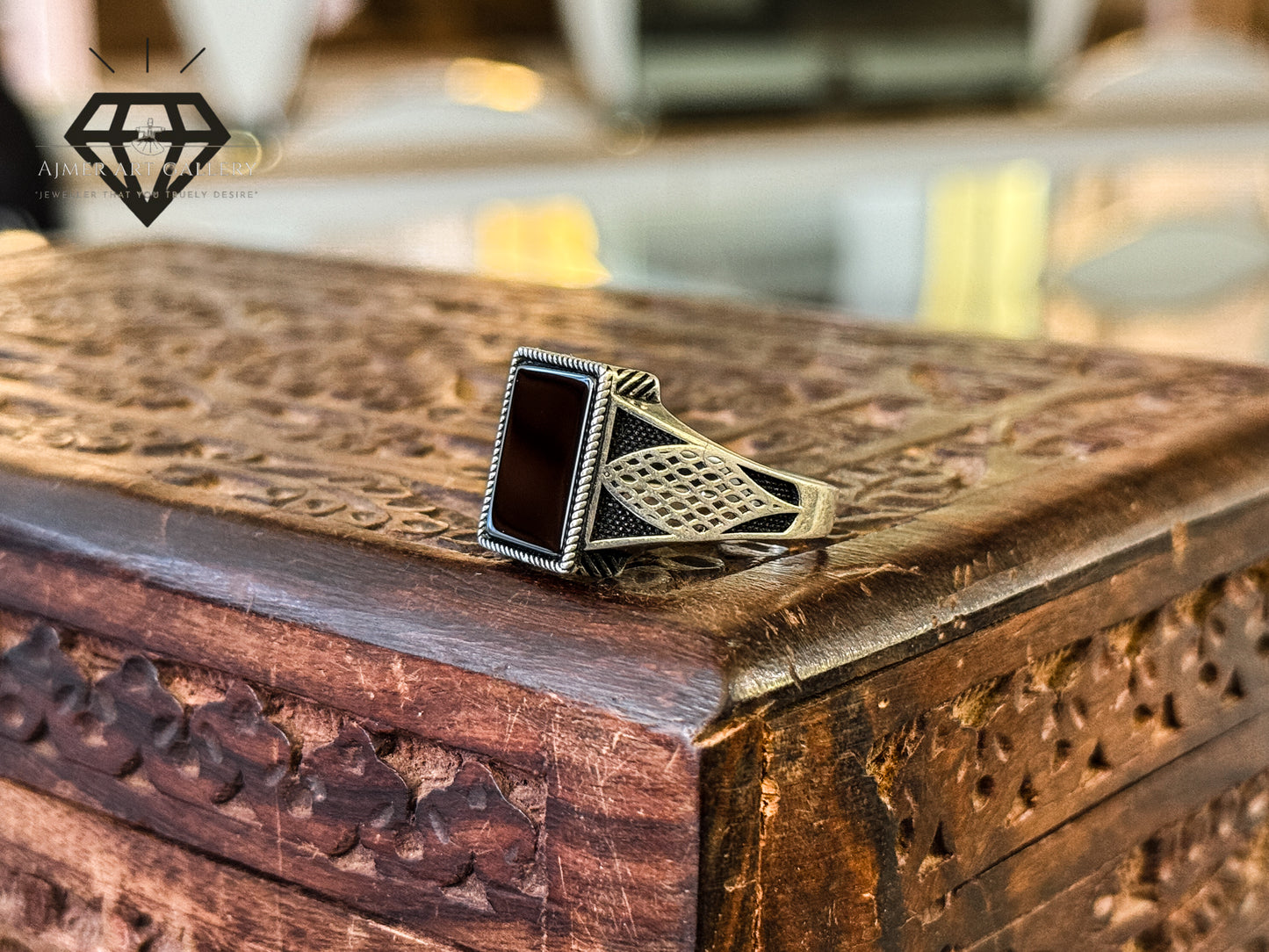 Pure 92.5 Italian Silver Black Aqeeq Ring