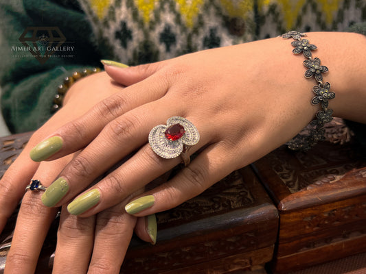 Pure 92.5 Italian Silver Ladies Ring with Red American Diamond  + beautiful Ring