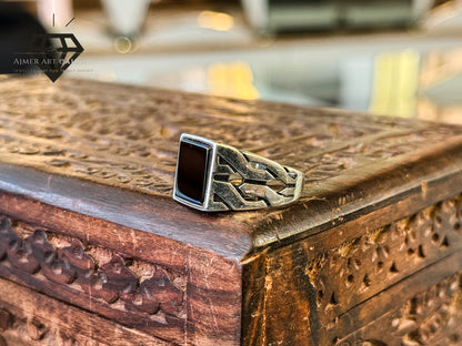 Pure 92.5 Italian Silver Black Aqeeq Ring