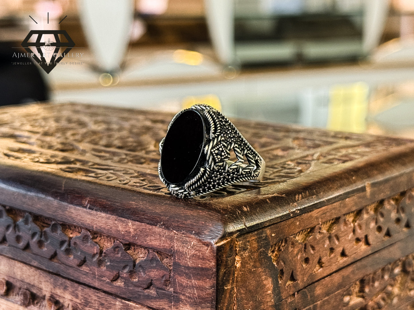 Pure 92.5 Italian Silver Black Aqeeq Ring