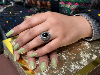 Pure 92.5 Italian Silver Marcasite Stone+Black Aqeeq Stone Ladies Ring