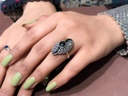 Pure 92.5 Italian Silver Marcasite Stone+Black Aqeeq Stone Ladies Ring