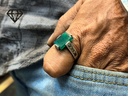 Pure 92.5 Italian Silver With Green Aqeeq Ring
