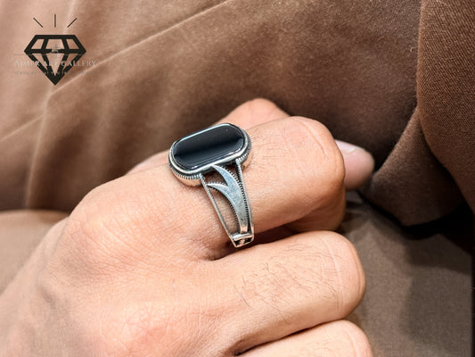 Pure 92.5 Italian Silver Black Aqeeq Ring