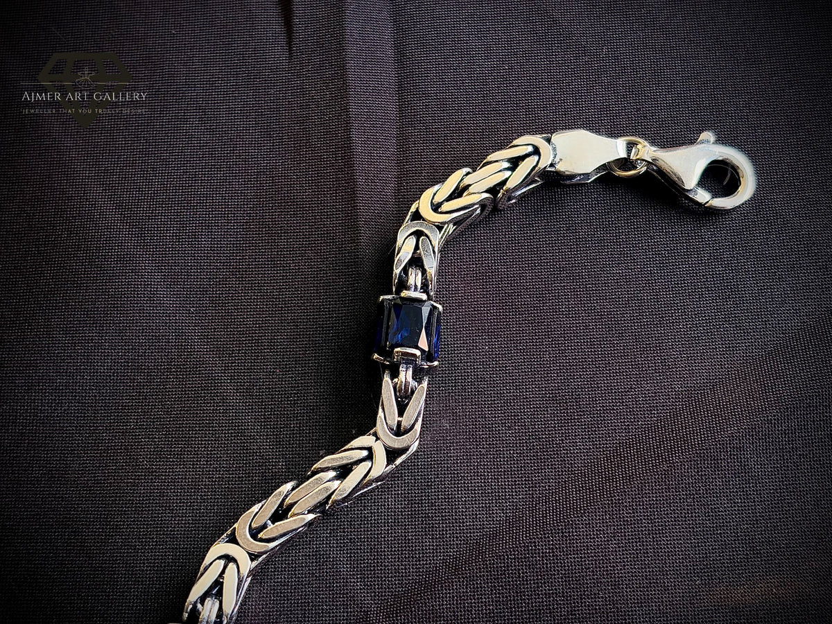 Men's Silver Bracelet with Blue Sapphire-Colour Stones
