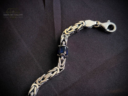 Men's Silver Bracelet with Blue Sapphire-Colour Stones