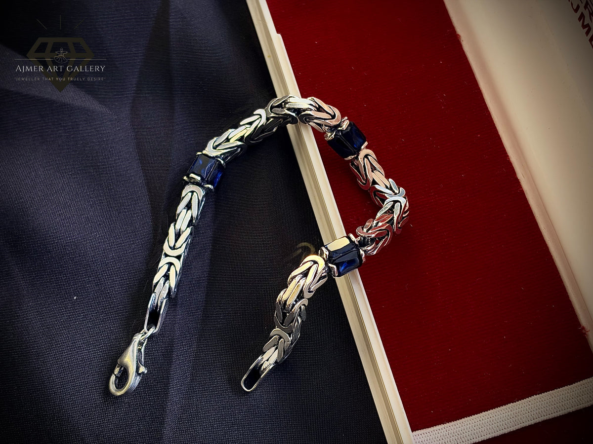 Men's Silver Bracelet with Blue Sapphire-Colour Stones