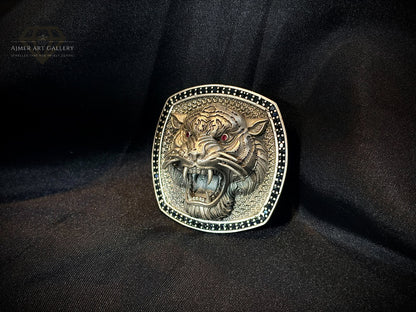 925 Silver Tiger Head Belt Buckle for Men with Black & Red Stones