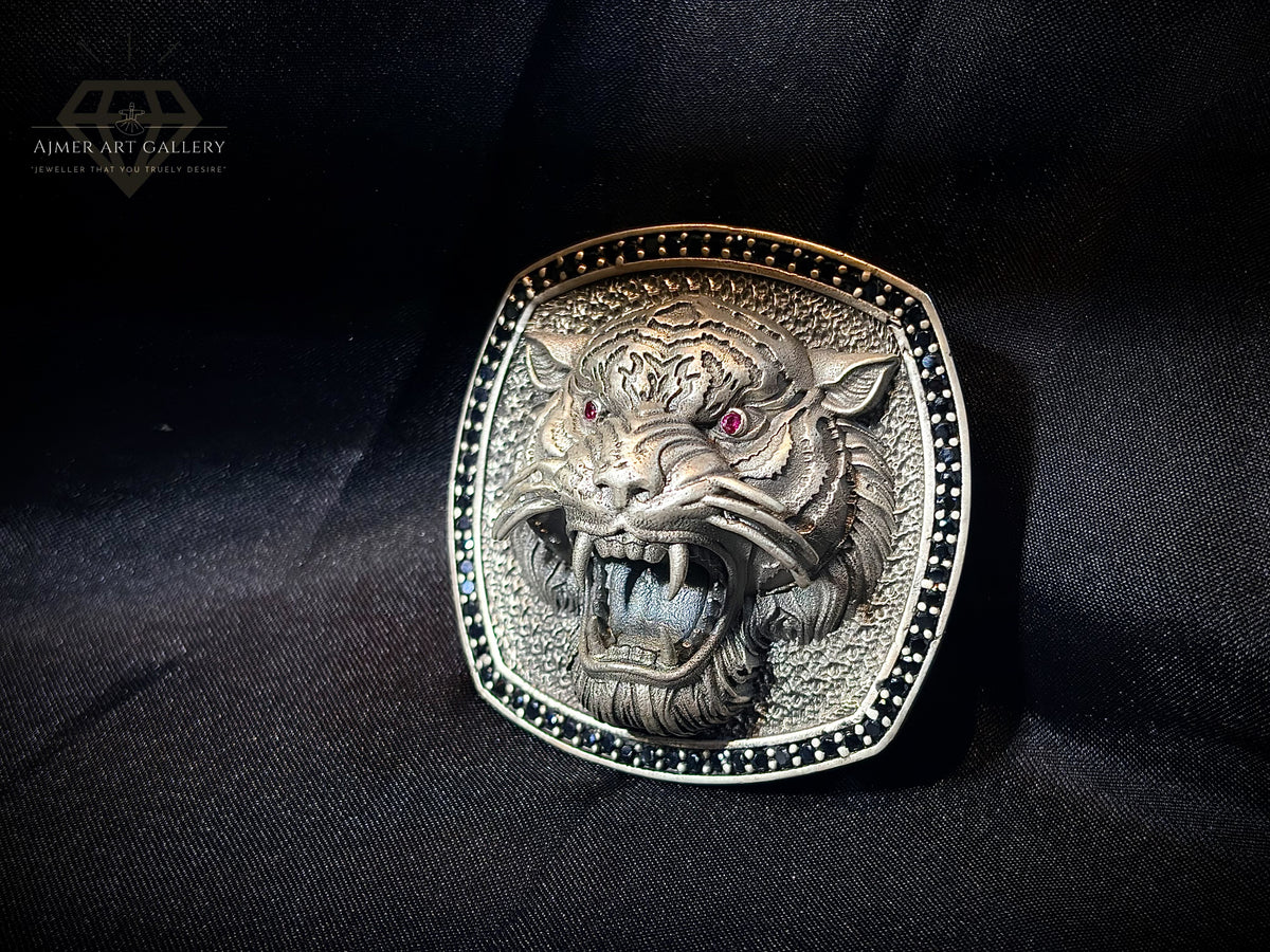 925 Silver Tiger Head Belt Buckle for Men with Black & Red Stones