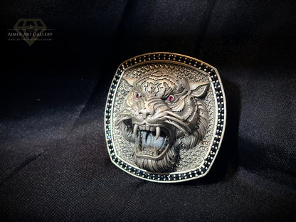 925 Silver Tiger Head Belt Buckle for Men with Black & Red Stones
