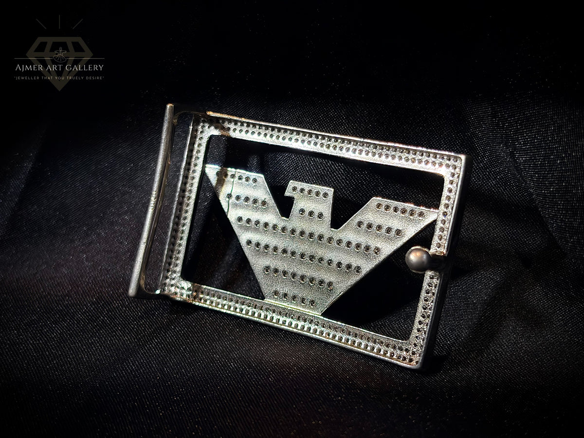 Men's Silver Eagle Belt Buckle with White Stones