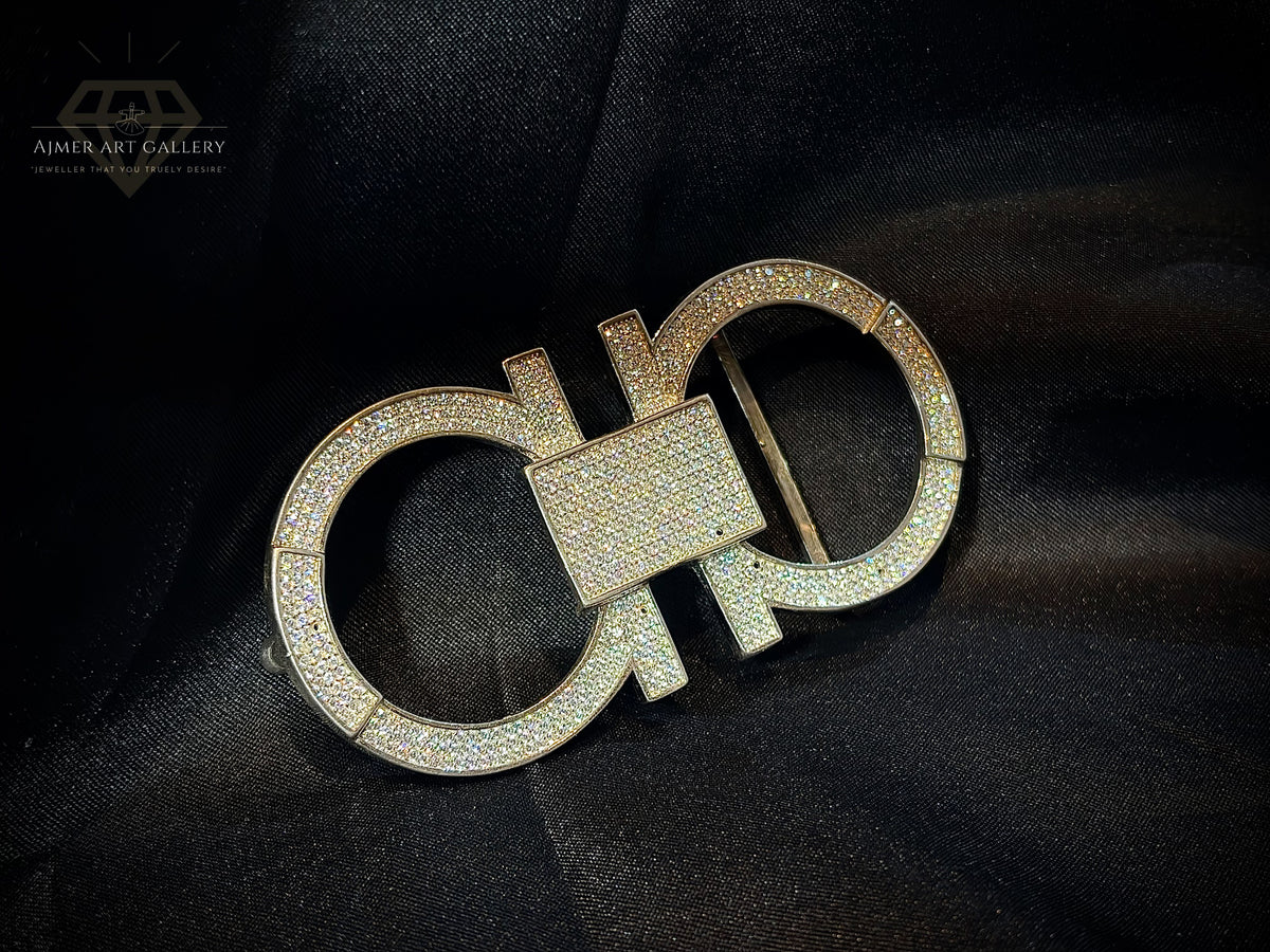 Men's Silver Double-Loop Belt Buckle with White Stones