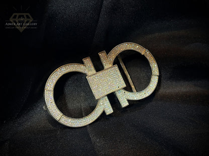 Men's Silver Double-Loop Belt Buckle with White Stones