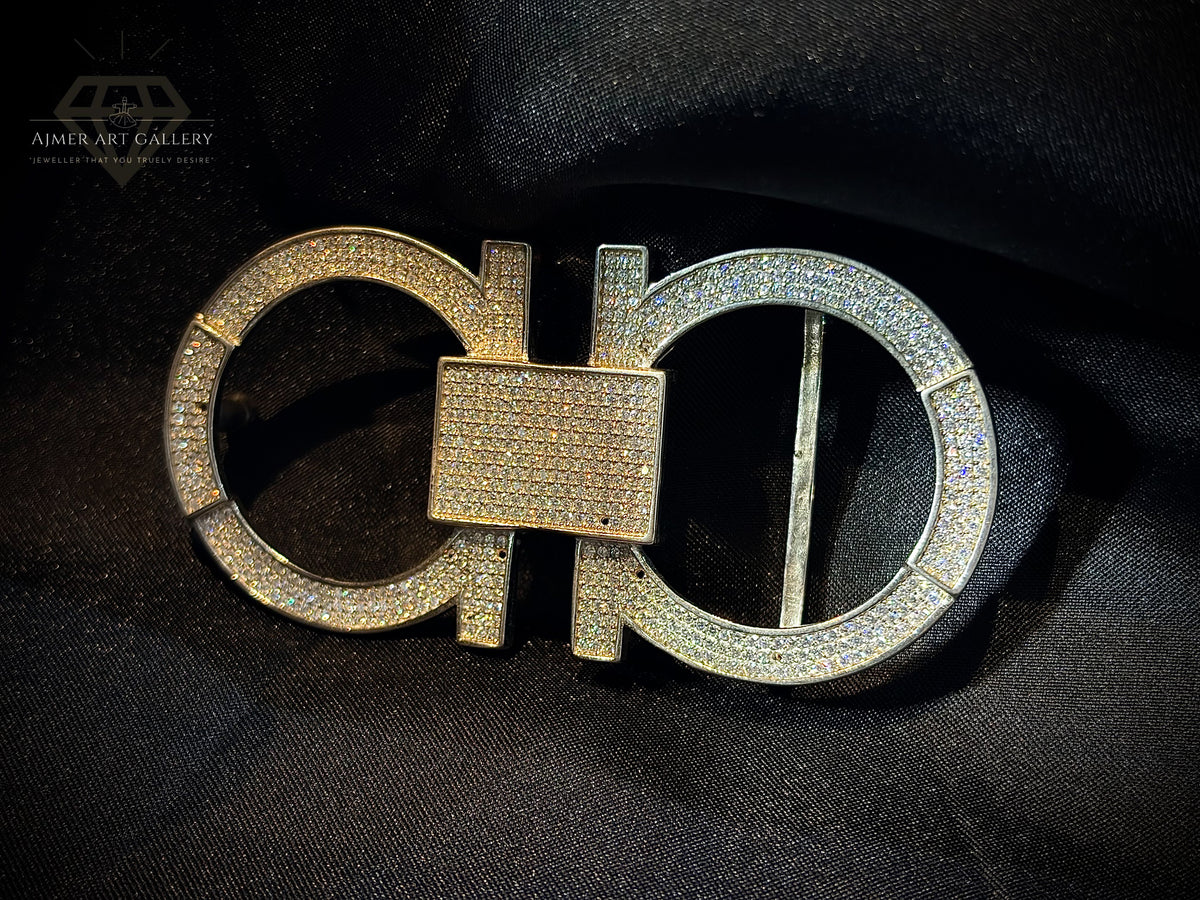 Men's Silver Double-Loop Belt Buckle with White Stones