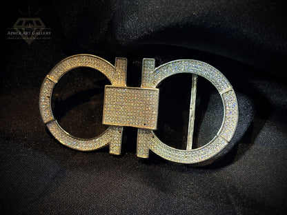Men's Silver Double-Loop Belt Buckle with White Stones