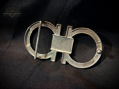 Men's Silver Double-Loop Belt Buckle with White Stones