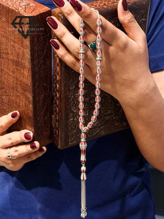 Pure 92.5 Sterling Silver Tasbeeh in red and silver tones&nbsp;