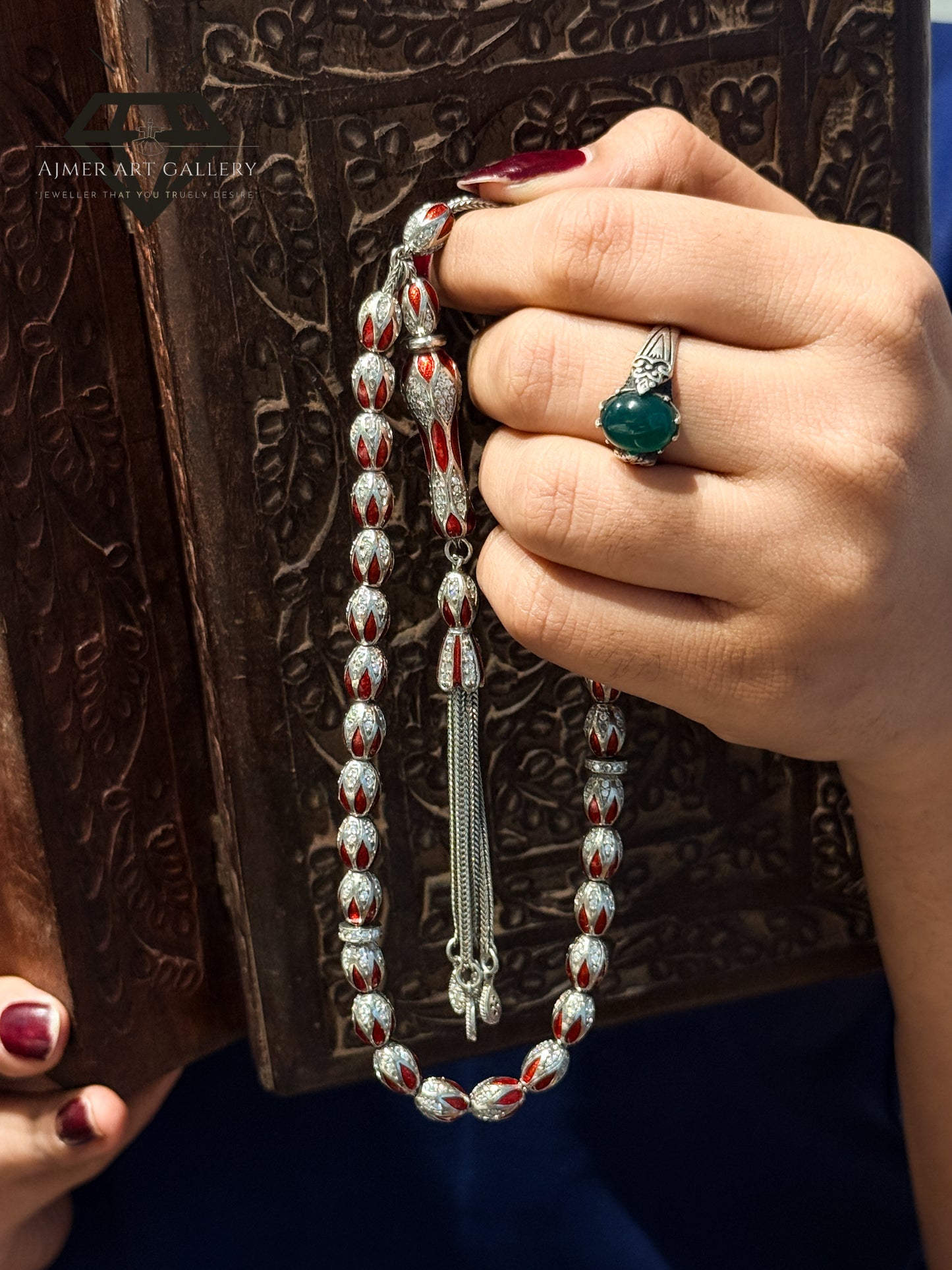 Pure 92.5 Sterling Silver Tasbeeh in red and silver tones&nbsp;