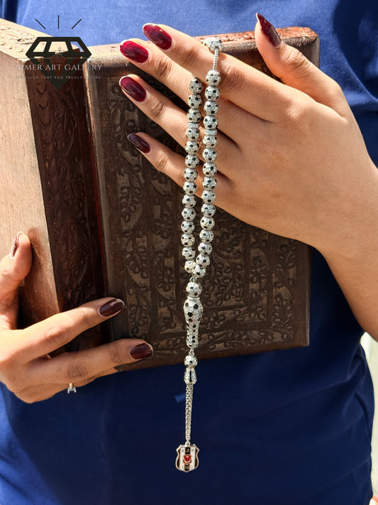 pure 92.5 Sterling silver Tasbeeh with silver diamond detailing and black tones