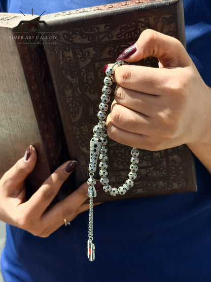 pure 92.5 Sterling silver Tasbeeh with silver diamond detailing and black tones
