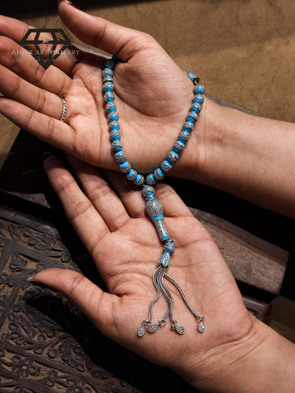 Pure 92.5 Sterling Silver Tasbeeh in blue color with diamond detailing