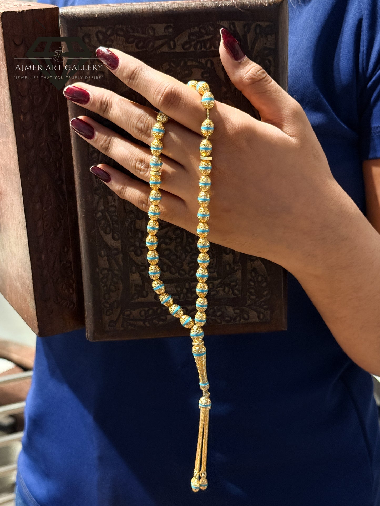 Pure 92.5 Sterling Silver Tasbeeh -Light blue and golden