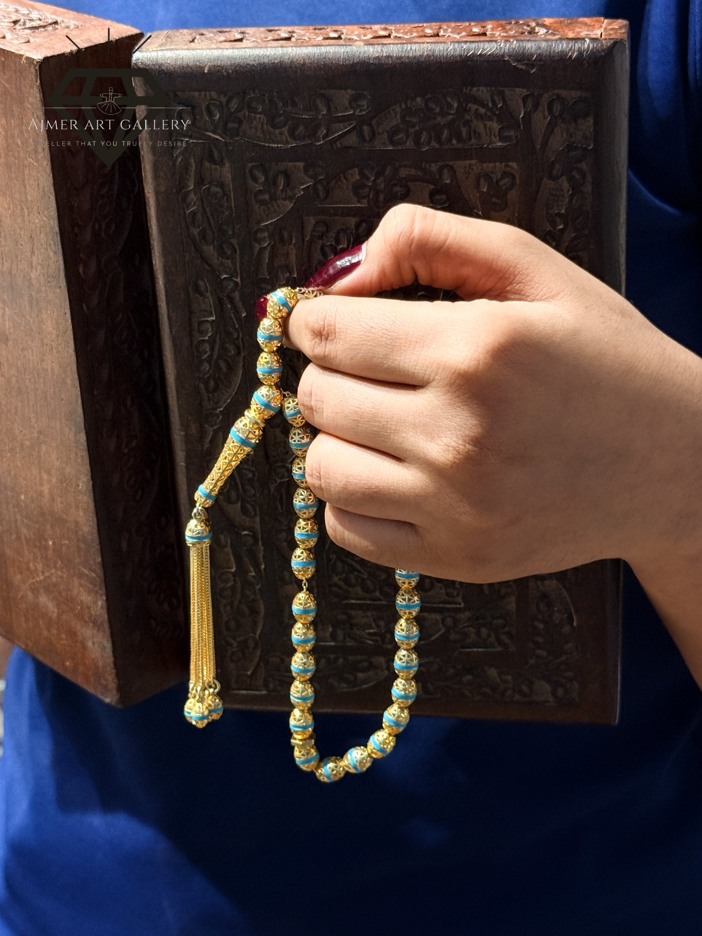 Pure 92.5 Sterling Silver Tasbeeh -Light blue and golden