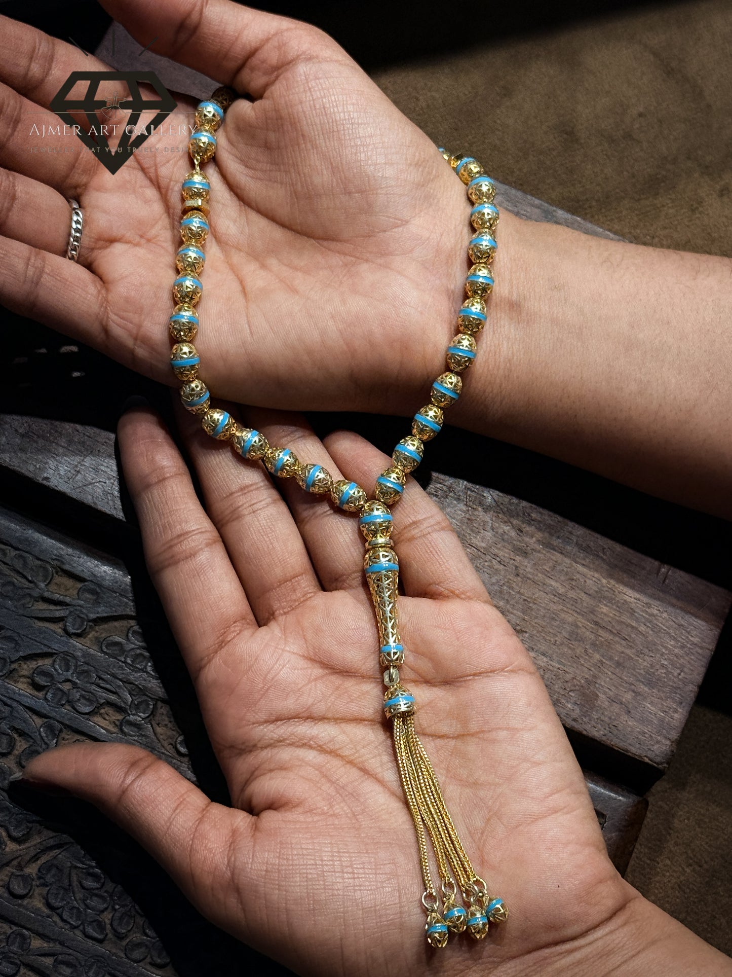 Pure 92.5 Sterling Silver Tasbeeh -Light blue and golden