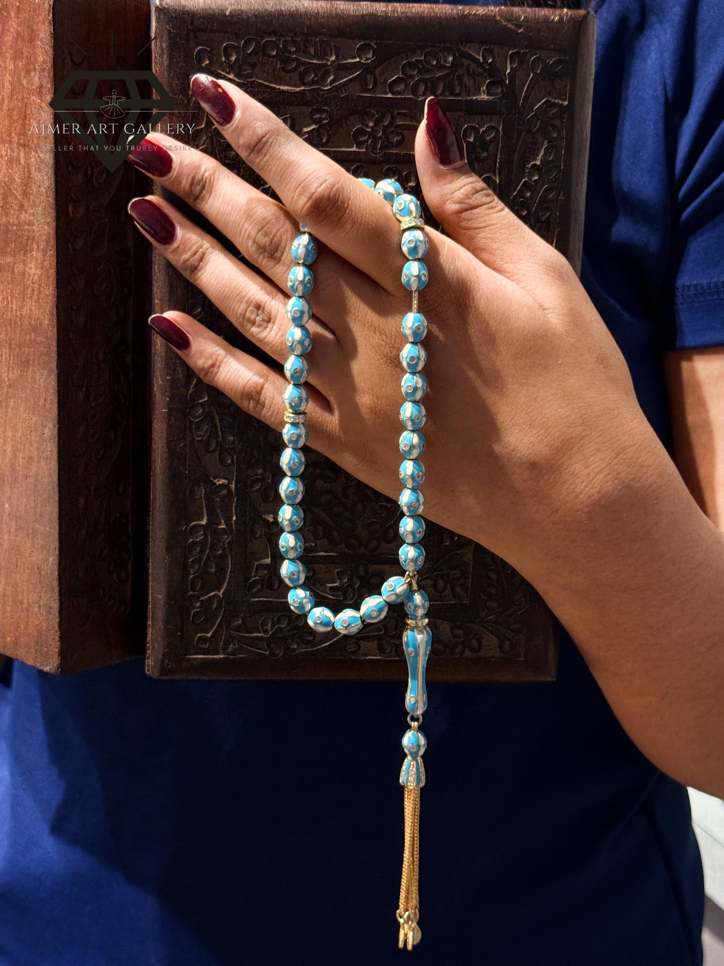 Pure 92.5 Sterling Silver Tasbeeh with Light blue and white colored toned Desgn