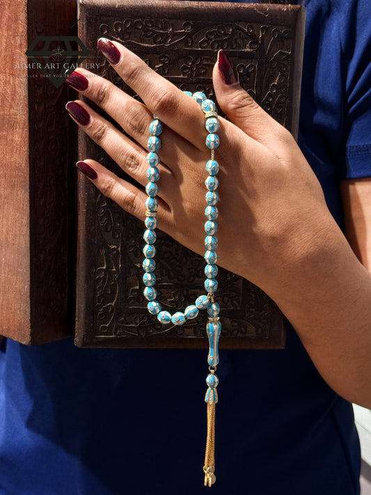 Pure 92.5 Sterling Silver Tasbeeh with Light blue and white colored toned Desgn