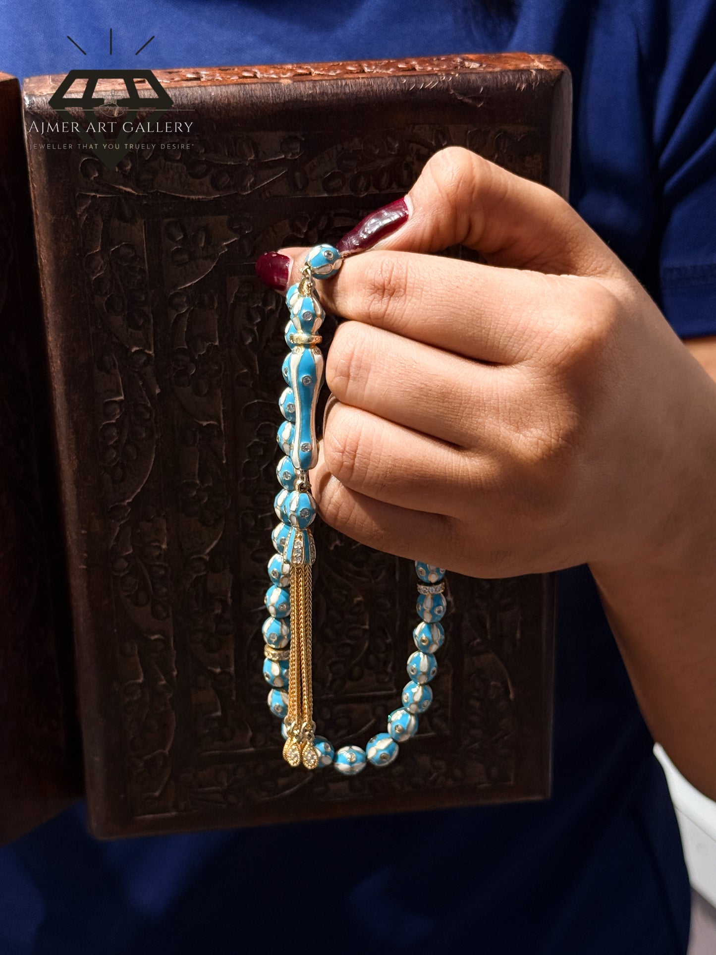 Pure 92.5 Sterling Silver Tasbeeh with Light blue and white colored toned Desgn