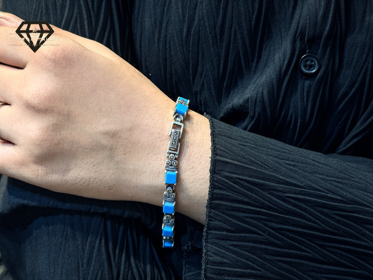 Marcasite Bracelet With Blue Stone Detailing For Women