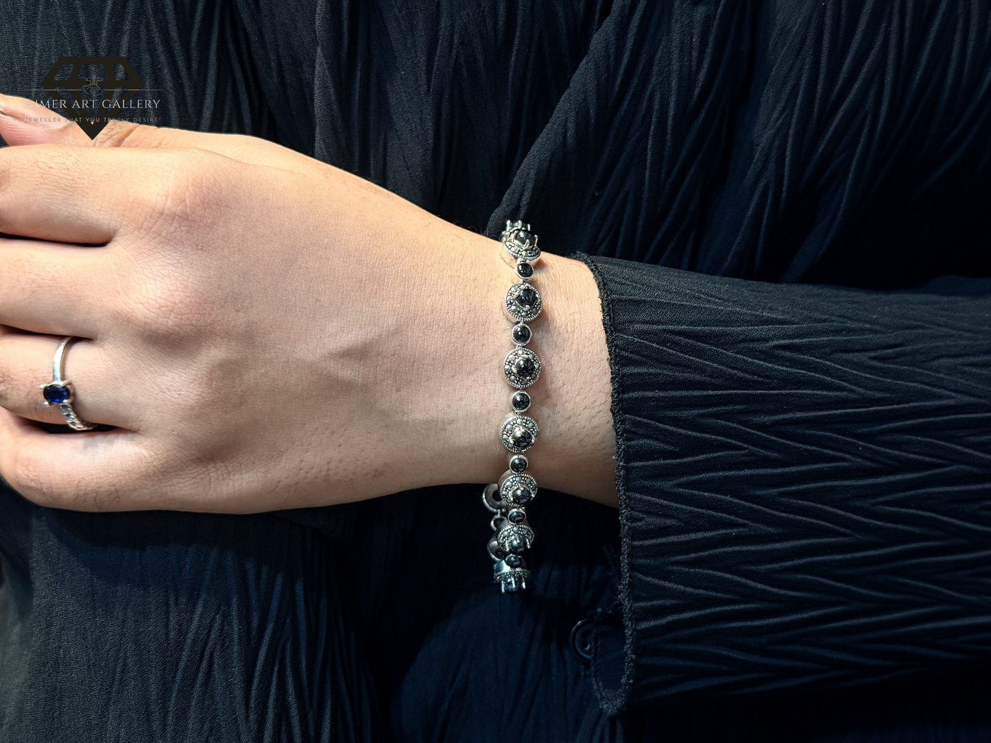 Marcasite Bracelet With Black Stone Detaling For Women