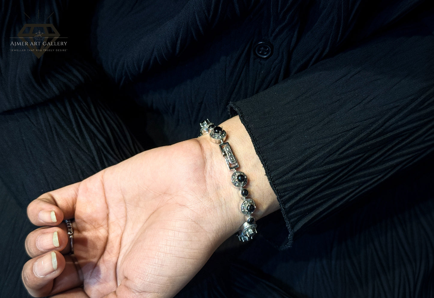 Marcasite Bracelet With Black Stone Detaling For Women