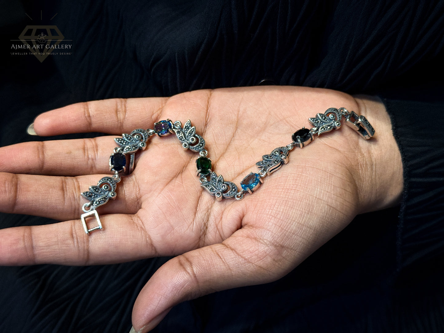Marcasite Bracelet With Blur,Black and Green Stone For Women