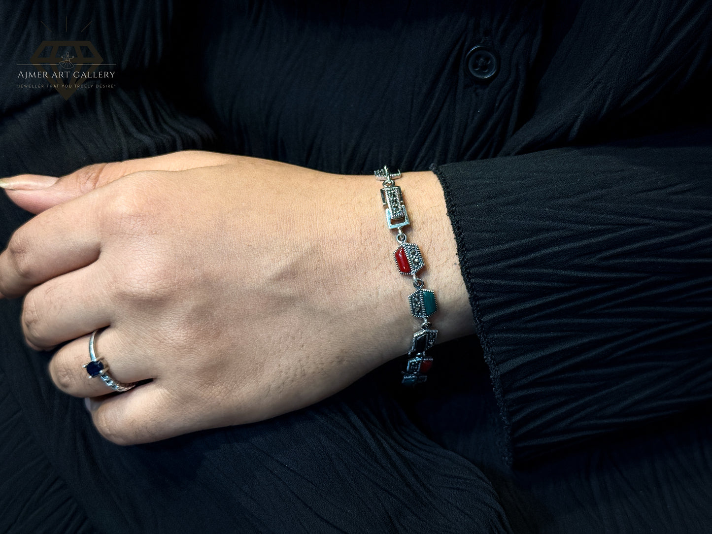 Marcasite Bracelet With Red, Black and Green Stone For Women