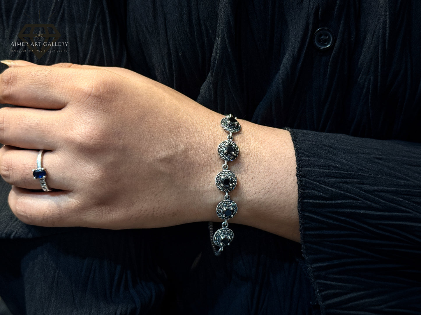 Marcasite Bracelet With Black Stone For Women