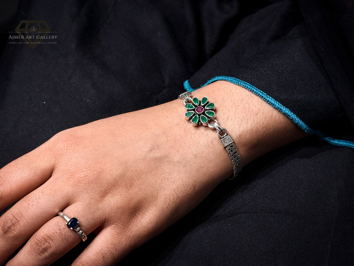 Premium Green Flower Design Gemstones Bracelet For Women